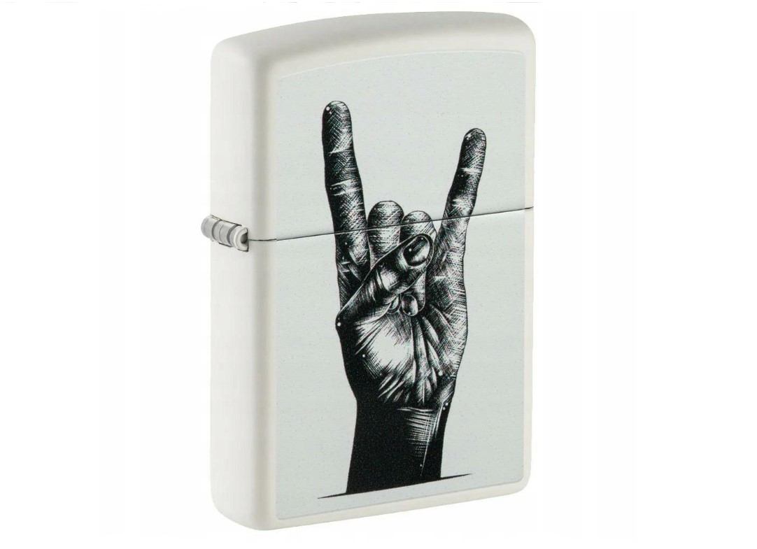 Zippo Benzines Vihargyújtó – Matt fehér „Rock Hand” mintával